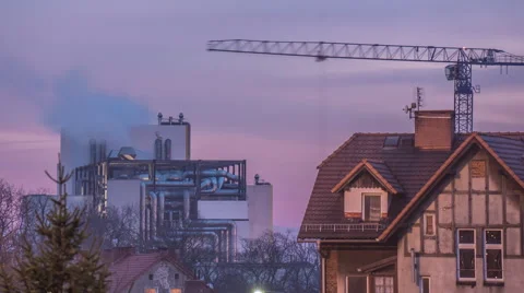 House Crane is Working Building Factory Hyperlapse Titelapse Industry Smoke is Stock Footage 59338299
