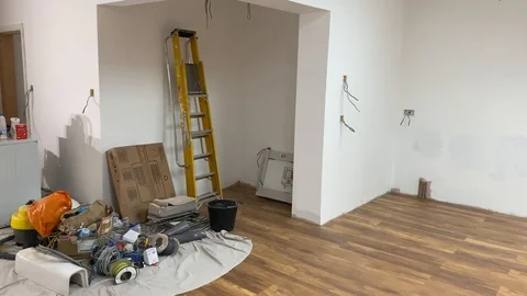 House decoration in progress, tools and ladder in background Stock-Footage 117792994