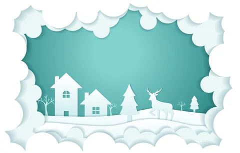 House Deer Tree Cloud Winter Papercut Paper Cut Style Illustration 스톡 일러스트