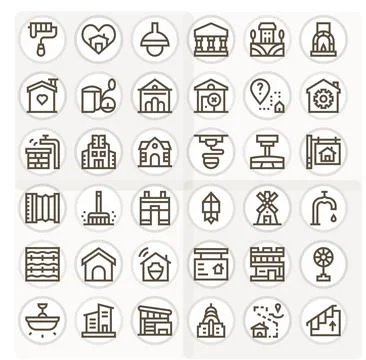 House Design Vector Icons featuring 36 Grid Fitted Bold Line Style Stock Illustration