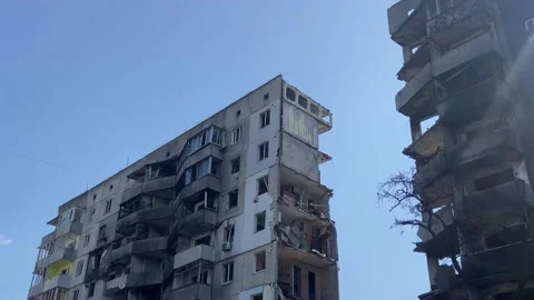 A house destroyed by an aerial bomb in the town of Borodyanka Stock Footage 239001253