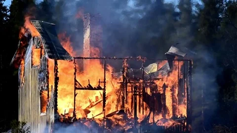 House destroyed by fire Stock-Footage 73662557