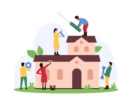 House development, construction and building renovation by tiny people with Ilustración de archivo