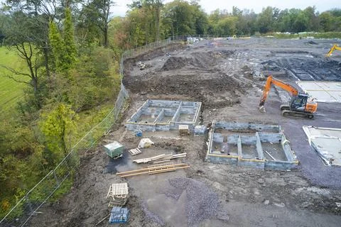 House development construction site in progress aerial view Stock Photos