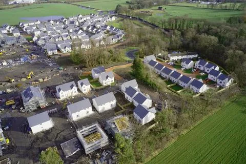 House development construction site in progress aerial view Stock Photos