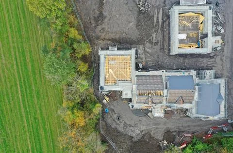 House development construction site in progress aerial view Foto stock