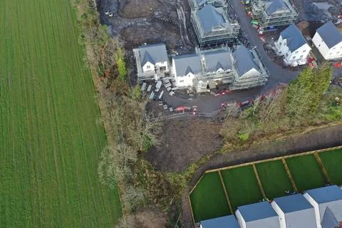 House development construction site in progress aerial view Stock Photos