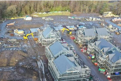 House development construction site in progress aerial view Stock Photos
