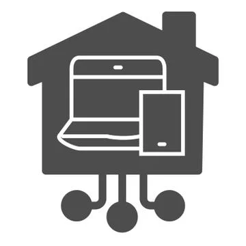 House with devices solid icon, smart home concept, Tablet and laptop in building Ilustración de archivo
