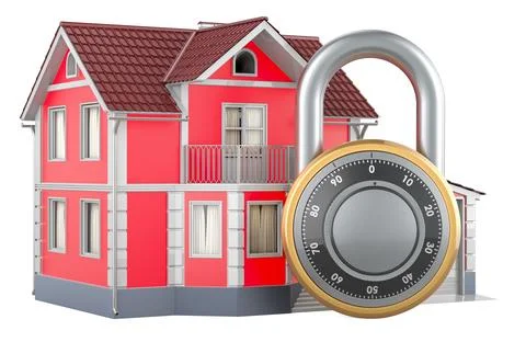 House with dial combination lock. Security and protection, concept. 3D rend.. Stock Illustration