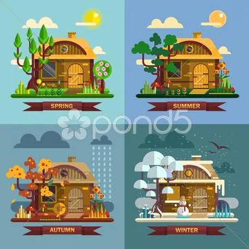 House in different times of the year. Four seasons concept, summer, fall, autumn Stock Illustration