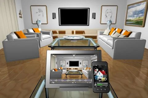 House domotics Tablet Smart phone - 3D illustration 스톡 일러스트