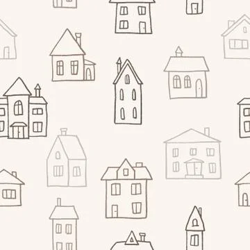 House doodle pattern - village vector illustration. Seamless texture. Stock Illustration