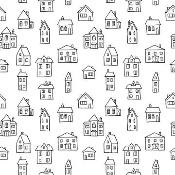 House doodle pattern - village vector illustration. Seamless texture in black Ilustración de archivo