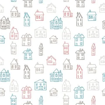 House doodle pattern - village vector illustration. Seamless texture. Ilustración de archivo