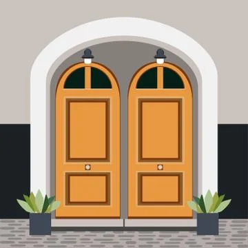 House door front with window, steps, lamps and plants, building entry facade, Ilustración de archivo