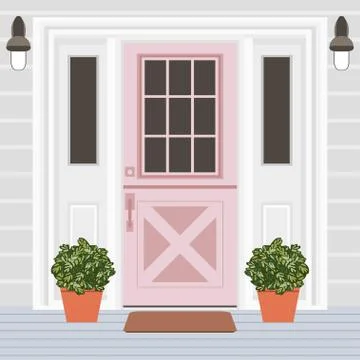 House door front with window, steps, lamps and plants, building entry facade, Ilustración de archivo