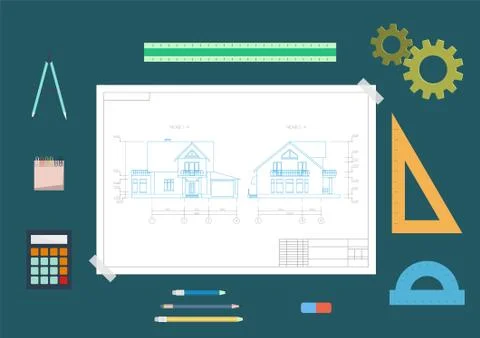 House drawing and drawing tools. The concept of design. Stock Illustration