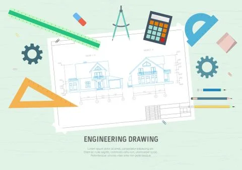 House drawing and drawing tools. The concept of design. Stock Illustration