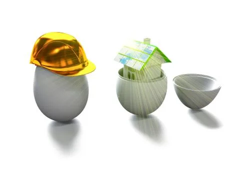 House in egg and egg in construction helmet 3d render Illustrazione stock