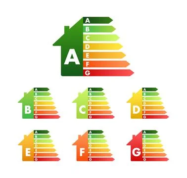 House with Energy Efficiency classes, chart. EPC energy performance certificate 스톡 일러스트