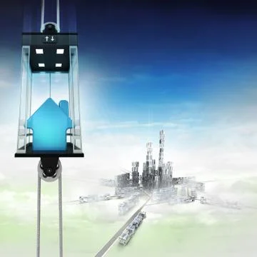 House estate in sky space elevator concept above city illustration Illustrazione stock