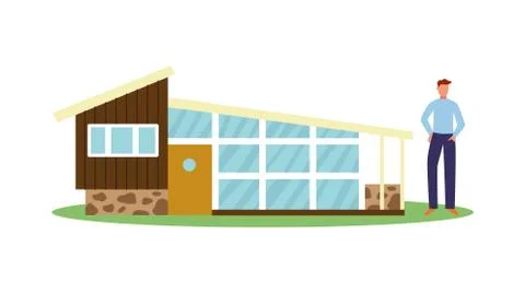 House evolution - man next to modern cottage flat vector illustration isolated. Stock Illustration