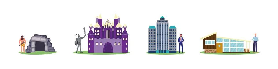 House evolution set from stone cave to medieval castle to modern building Stock Illustration