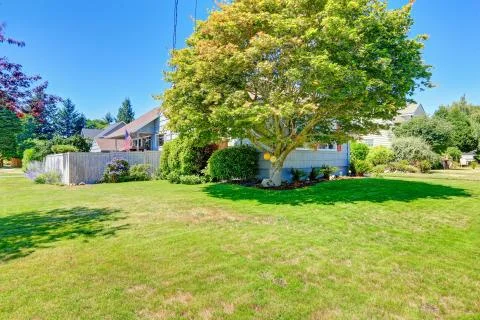 House exterior with front yard landscape Stock Photos