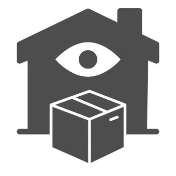 House with eye and box solid icon, smart home symbol, remote order delivery Stock Illustration