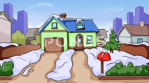 House facade with pine tree and letterbox in winter. Plantilla PSD