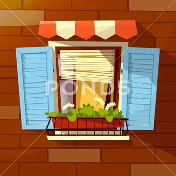 House facade vector cartoon illustration of old apartments window shutters and Stock Illustration
