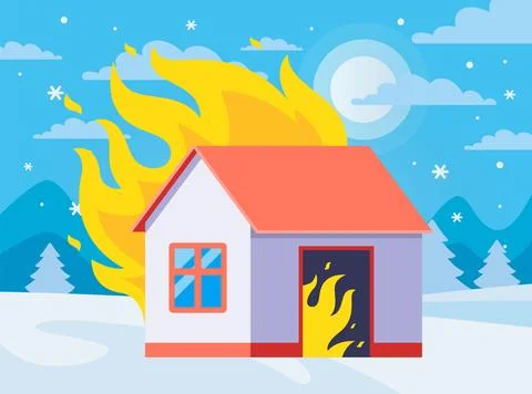 A house on fire against a winter backdrop. A private building in a village. Ilustración de archivo