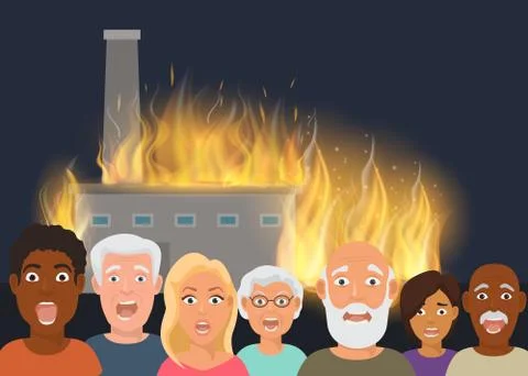 House on fire and scared faces vector illustration. Burning building at night Ilustración de archivo