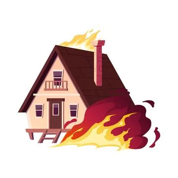 The house is on fire, burning fire, explosion effect, vector cartoon home 스톡 일러스트
