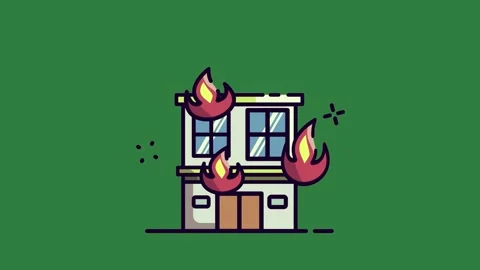 A house with fire coming out of it and an illustration window computer green Видео 335130029