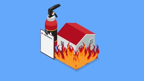 House on Fire With a Fire Extinguisher and Fire Safety Checklist 3d animati.. Stock Footage 302538670
