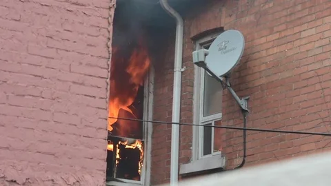 House Fire, Flames From Window Stock Footage 74635256