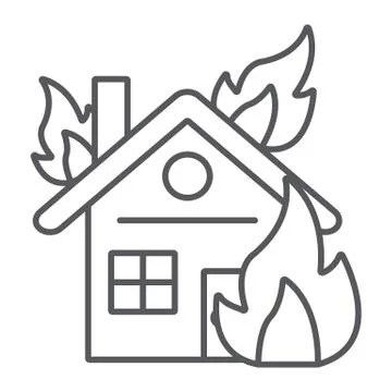 House on fire thin line icon, burn and accident, burning home sign, vector Stock Illustration