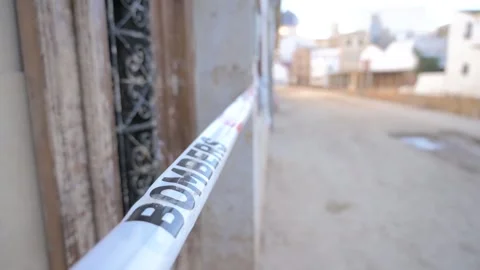 House with firefighter security seal after severe flooding in Chiva, Stock Footage 292247914