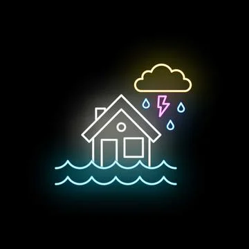 House flood during storm with lightning neon icon Stock Illustration