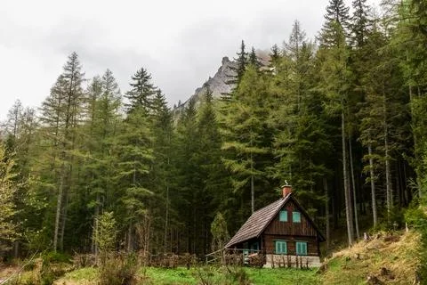 House in the forest and mountains while hiking in the spring Stock Photos