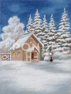 House in forest and snowman Stock Illustration