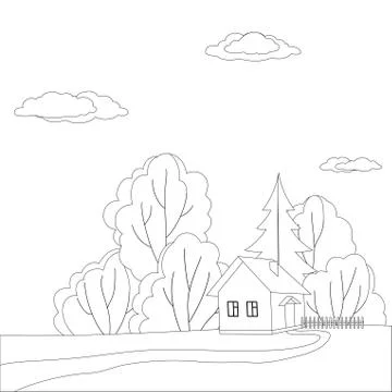 House in forest, contours Stock Illustration