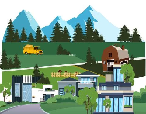 House in the forest mountains in the background Stock Illustration