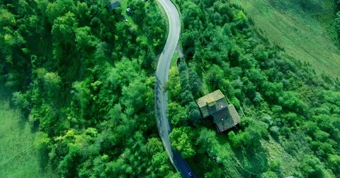 House in the forest next to the road on which cars drive. Aerial Stock Footage 73397679