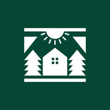 House forest pine trees sunburst simple flat clean modern logo design vecto.. Stock Illustration