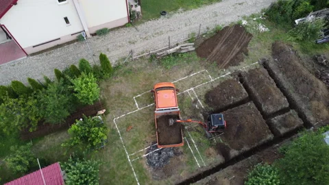 House foundation digging with small Bobcat excavator.4K Stock Footage 156672674