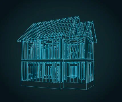 House framing architectural drawing, timber construction blueprint Stock Illustration