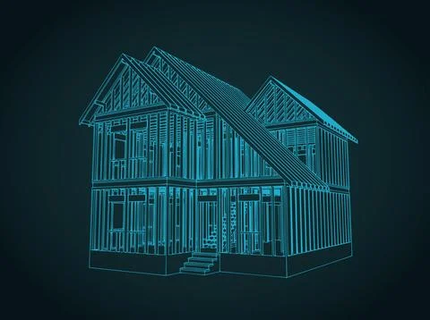 House framing architectural drawing, timber construction blueprint illustrati Stock Illustration